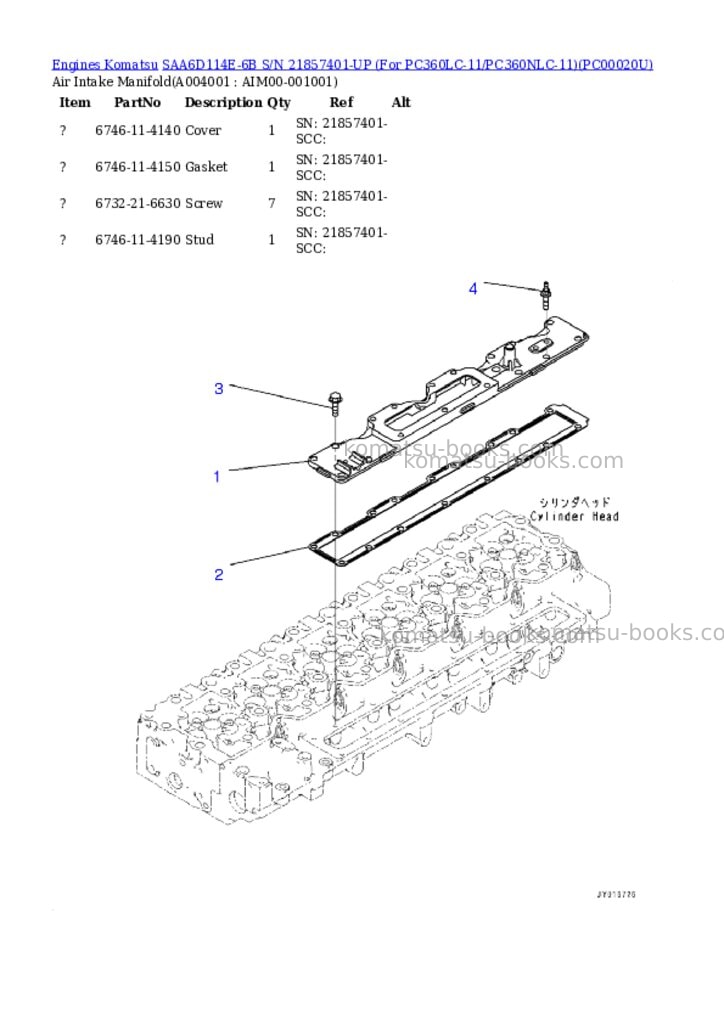 Komatsu saa6d114e-6b s/n 21857401-up for pc360lc-11/pc360nlc-11 Parts catalog cover Page 3