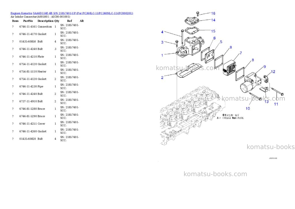 Komatsu saa6d114e-6b s/n 21857401-up for pc360lc-11/pc360nlc-11 Parts catalog cover Page 4
