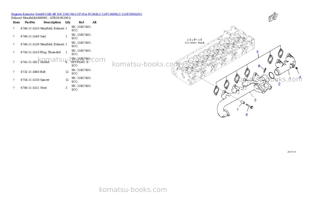 Komatsu saa6d114e-6b s/n 21857401-up for pc360lc-11/pc360nlc-11 Parts catalog cover Page 7
