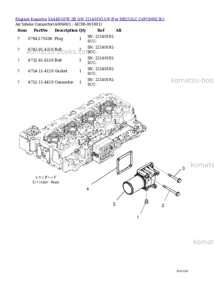 Komatsu saa4d107e-2b s/n 22140192-up for hb215lc-2 Parts catalog cover Page 5