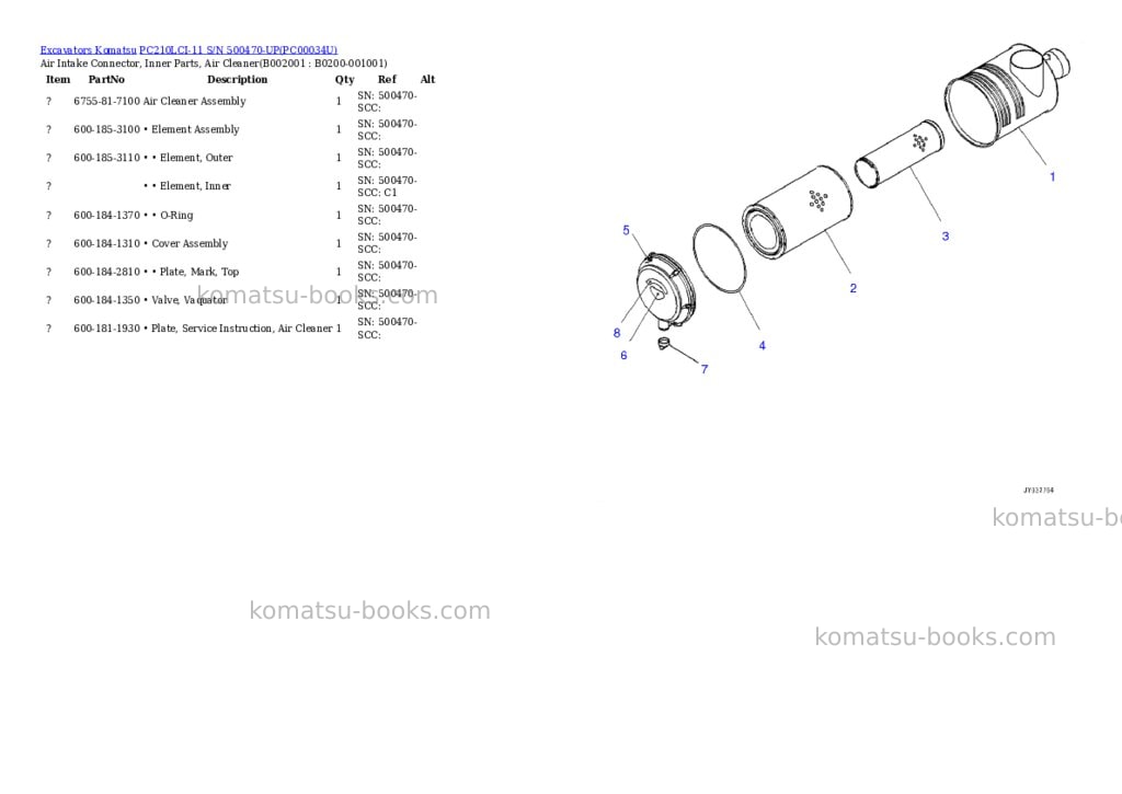 Komatsu pc210lci-11 s/n 500470-up Parts catalog cover Komatsu pc210lci-11 s/n 500470-up Parts catalog cover