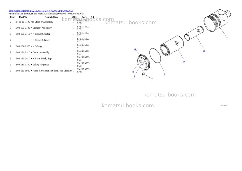 Komatsu pc210lci-11 s/n k75001-up Parts catalog cover