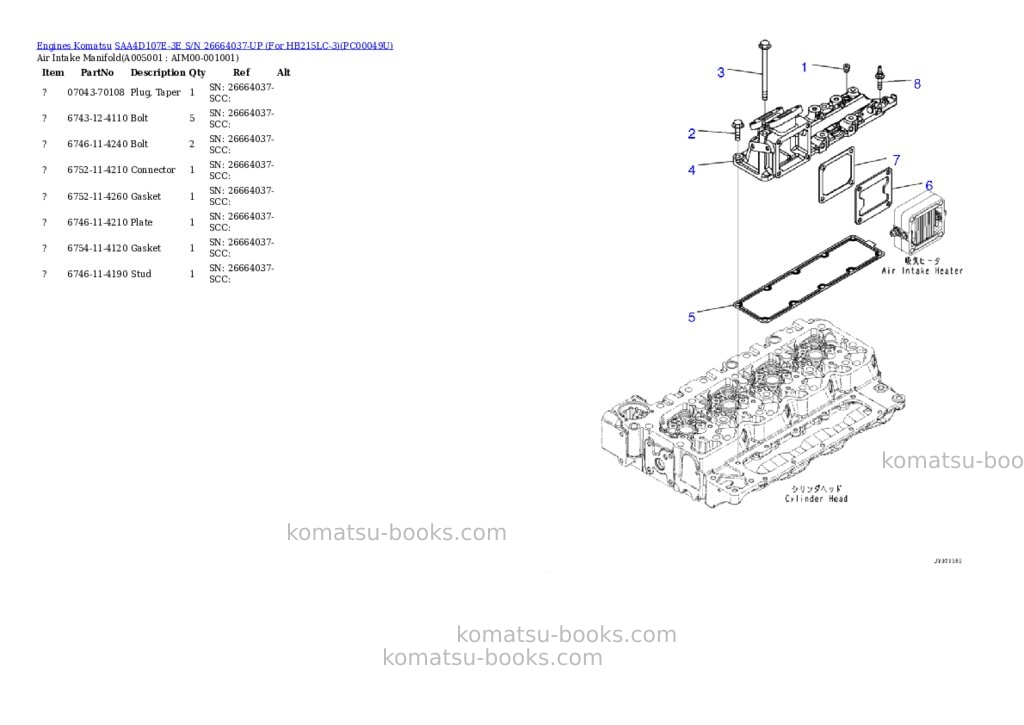 Komatsu saa4d107e-3e s/n 26664037-up for hb215lc-3 Parts catalog cover Page 4