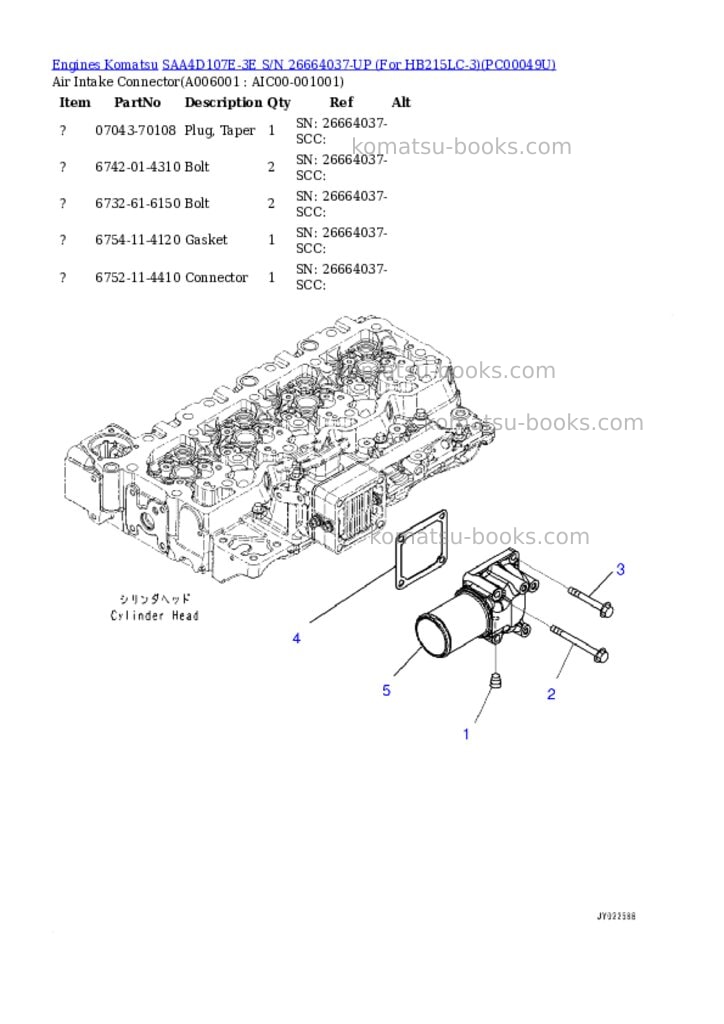 Komatsu saa4d107e-3e s/n 26664037-up for hb215lc-3 Parts catalog cover Page 5