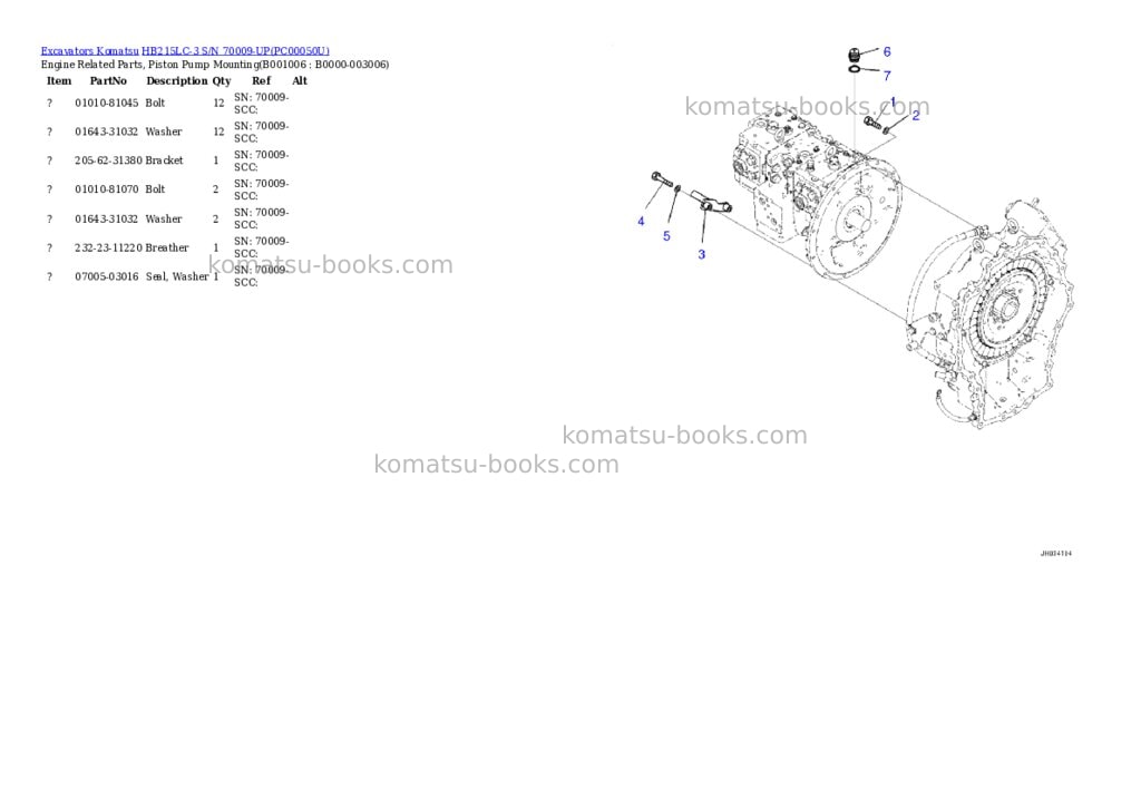 Komatsu hb215lc-3 s/n 70009-up Parts catalog cover