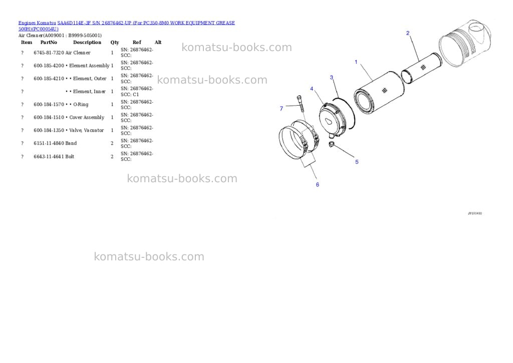 Komatsu saa6d114e-3f s/n 26876462-up for pc350-8m0 work equipment grease 500h Parts catalog cover Page 8