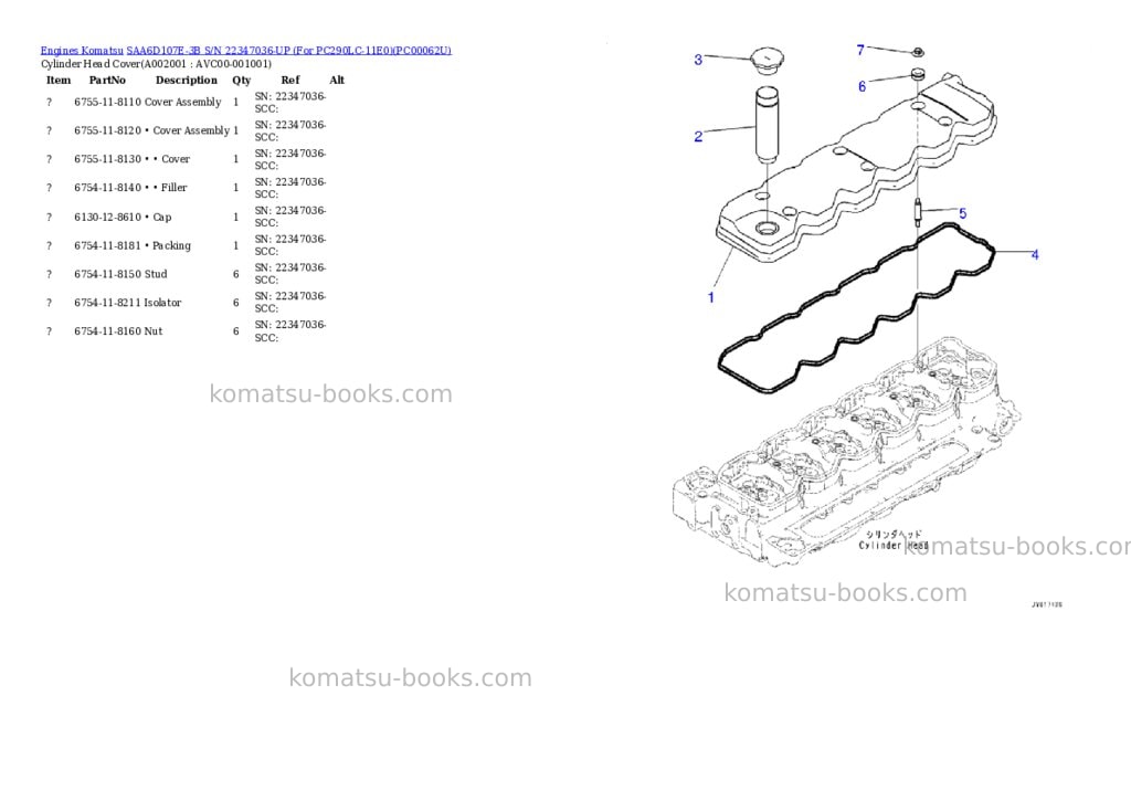 Komatsu saa6d107e-3b s/n 22347036-up for pc290lc-11e0 Parts catalog cover