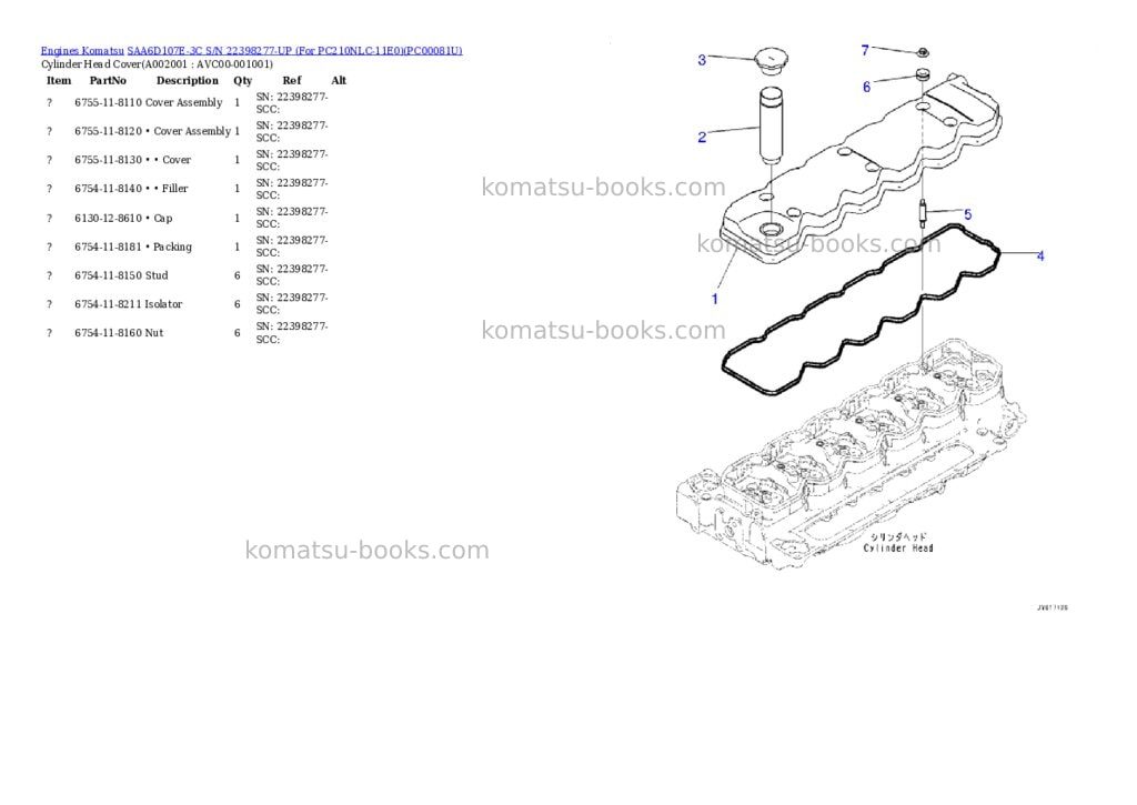Komatsu SAA6D107E-3C S/N 22398277-UP (For PC210NLC-11E0) Parts catalog cover