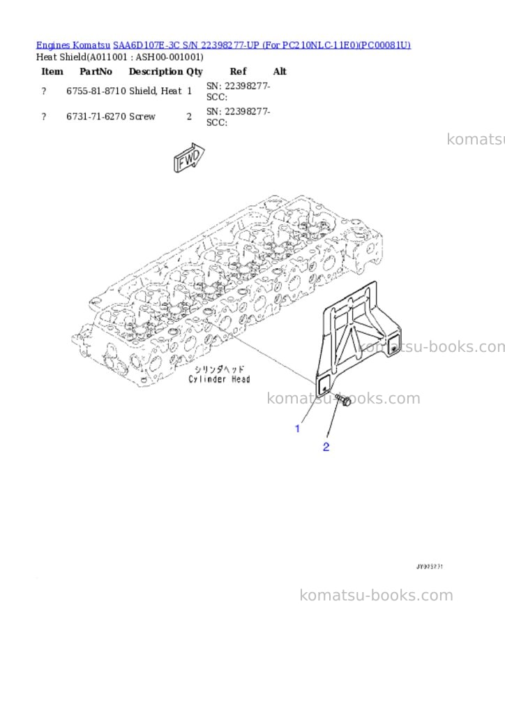 Komatsu SAA6D107E-3C S/N 22398277-UP (For PC210NLC-11E0) Parts catalog cover Page 10