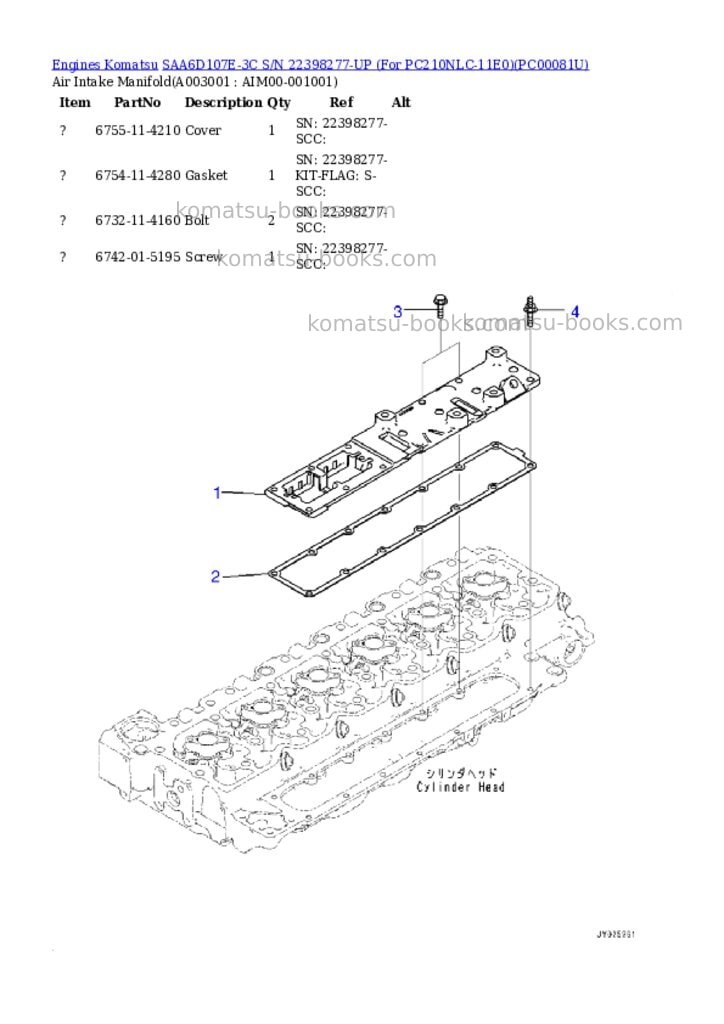 Komatsu SAA6D107E-3C S/N 22398277-UP (For PC210NLC-11E0) Parts catalog cover Page 2