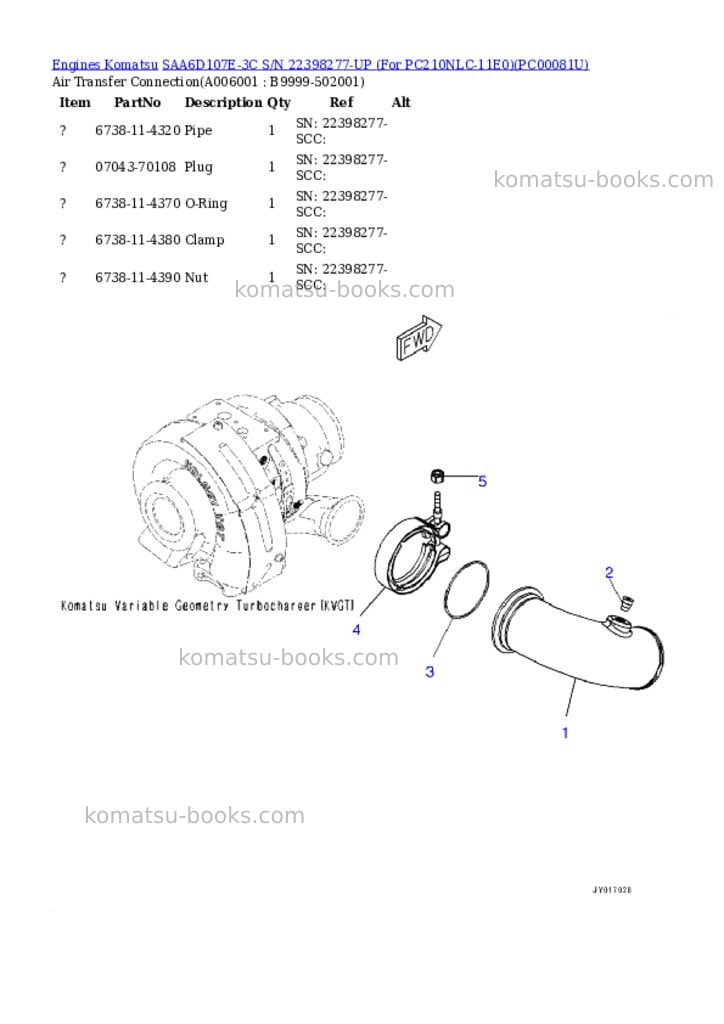 Komatsu SAA6D107E-3C S/N 22398277-UP (For PC210NLC-11E0) Parts catalog cover Page 5
