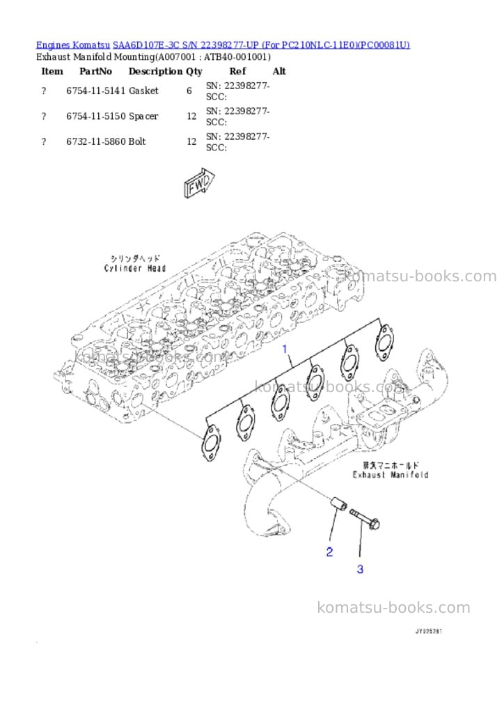 Komatsu SAA6D107E-3C S/N 22398277-UP (For PC210NLC-11E0) Parts catalog cover Page 6
