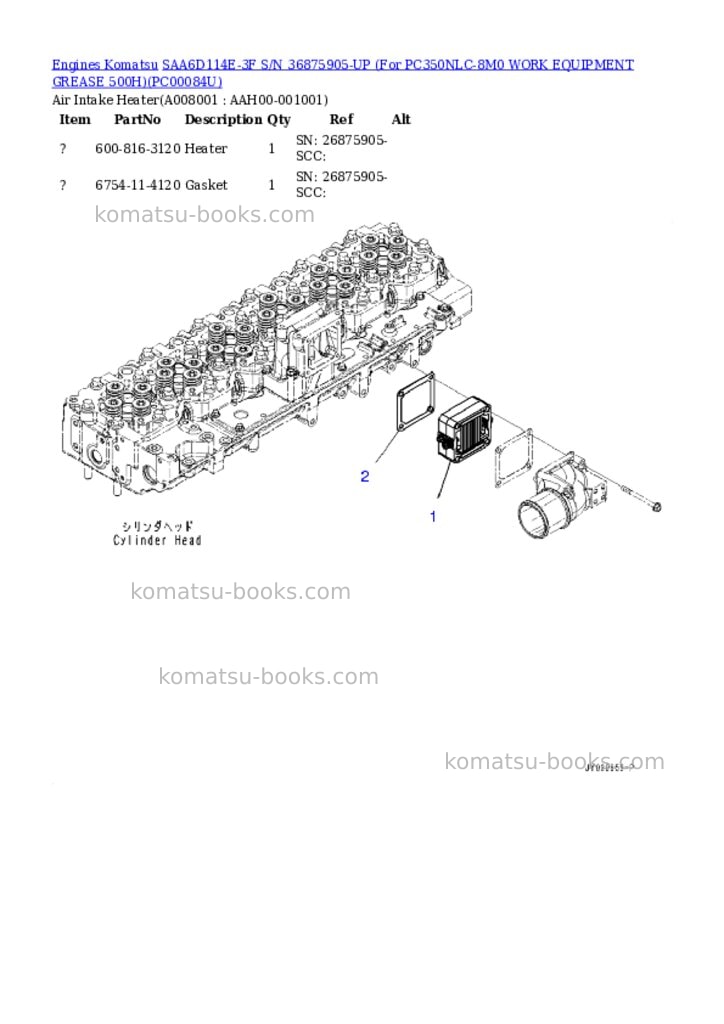 Komatsu SAA6D114E-3F S/N 36875905-UP (For PC350NLC-8M0 WORK EQUIPMENT GREASE 500H) Parts catalog cover Page 7 Komatsu SAA6D114E-3F S/N 36875905-UP (For PC350NLC-8M0 WORK EQUIPMENT GREASE 500H) Parts catalog cover Page 7