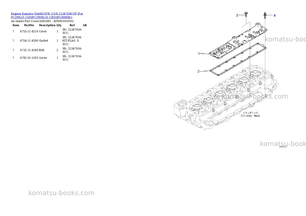 Komatsu SAA6D107E-3 S/N 22347036-UP (For PC290LCI-11E0/PC290NLCI-11E0) Parts catalog cover Page 4