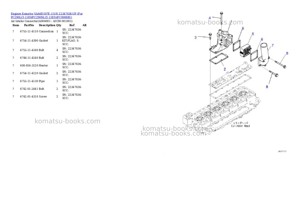 Komatsu SAA6D107E-3 S/N 22347036-UP (For PC290LCI-11E0/PC290NLCI-11E0) Parts catalog cover Page 5