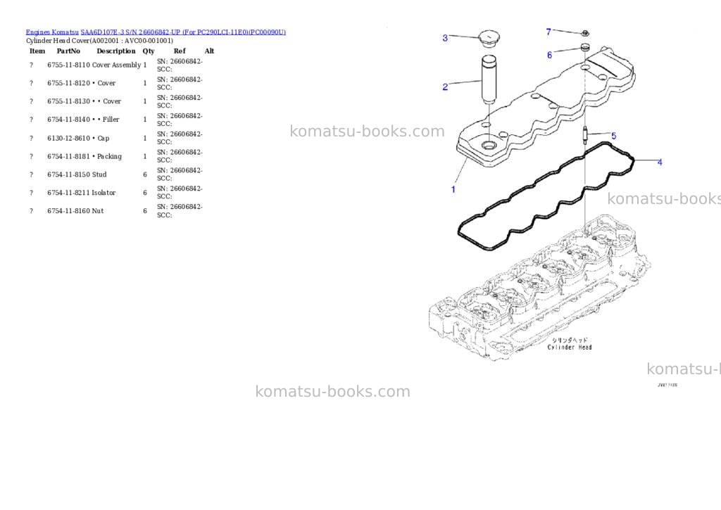 Komatsu SAA6D107E-3 S/N 26606842-UP (For PC290LCI-11E0) Parts catalog cover
