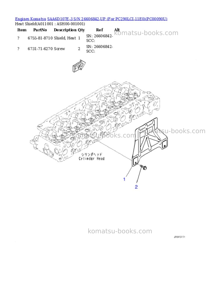 Komatsu SAA6D107E-3 S/N 26606842-UP (For PC290LCI-11E0) Parts catalog cover Page 10