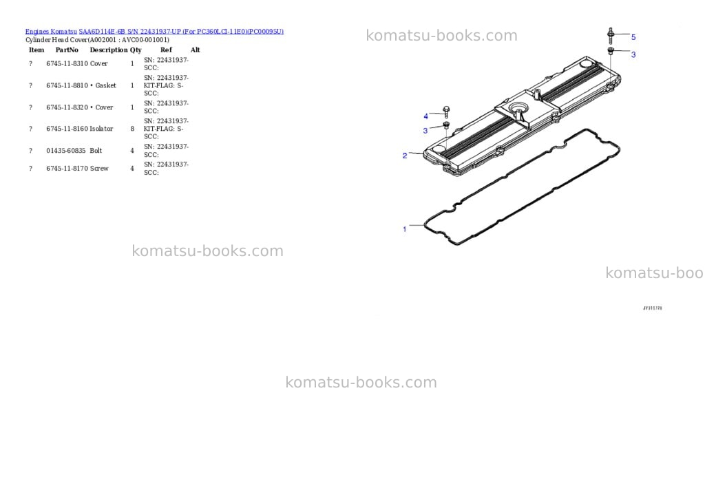 Komatsu SAA6D114E-6B S/N 22431937-UP (For PC360LCI-11E0) Parts catalog cover Komatsu SAA6D114E-6B S/N 22431937-UP (For PC360LCI-11E0) Parts catalog cover