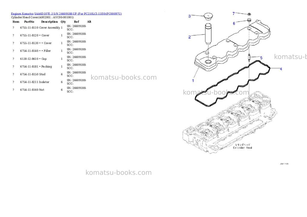 Komatsu SAA6D107E-3 S/N 26609188-UP (For PC210LCI-11E0) Parts catalog cover