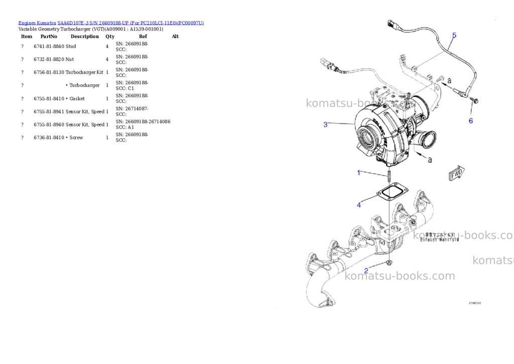 Komatsu SAA6D107E-3 S/N 26609188-UP (For PC210LCI-11E0) Parts catalog cover Page 8