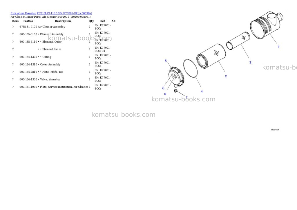 Komatsu PC210LCI-11E0 S/N K77001-UP Parts catalog cover