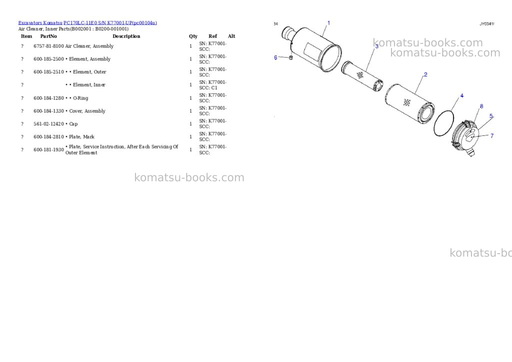 Komatsu PC170LC-11E0 S/N K77001-UP Parts catalog cover Komatsu PC170LC-11E0 S/N K77001-UP Parts catalog cover
