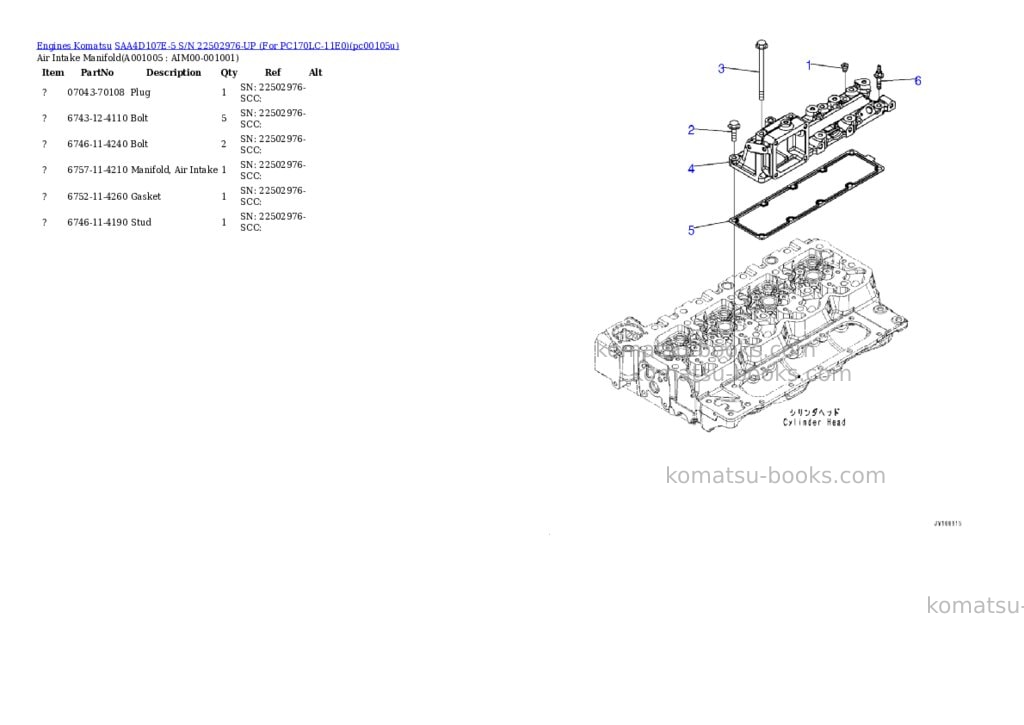 Komatsu SAA4D107E-5 S/N 22502976-UP (For PC170LC-11E0) Parts catalog cover Page 4 Komatsu SAA4D107E-5 S/N 22502976-UP (For PC170LC-11E0) Parts catalog cover Page 4