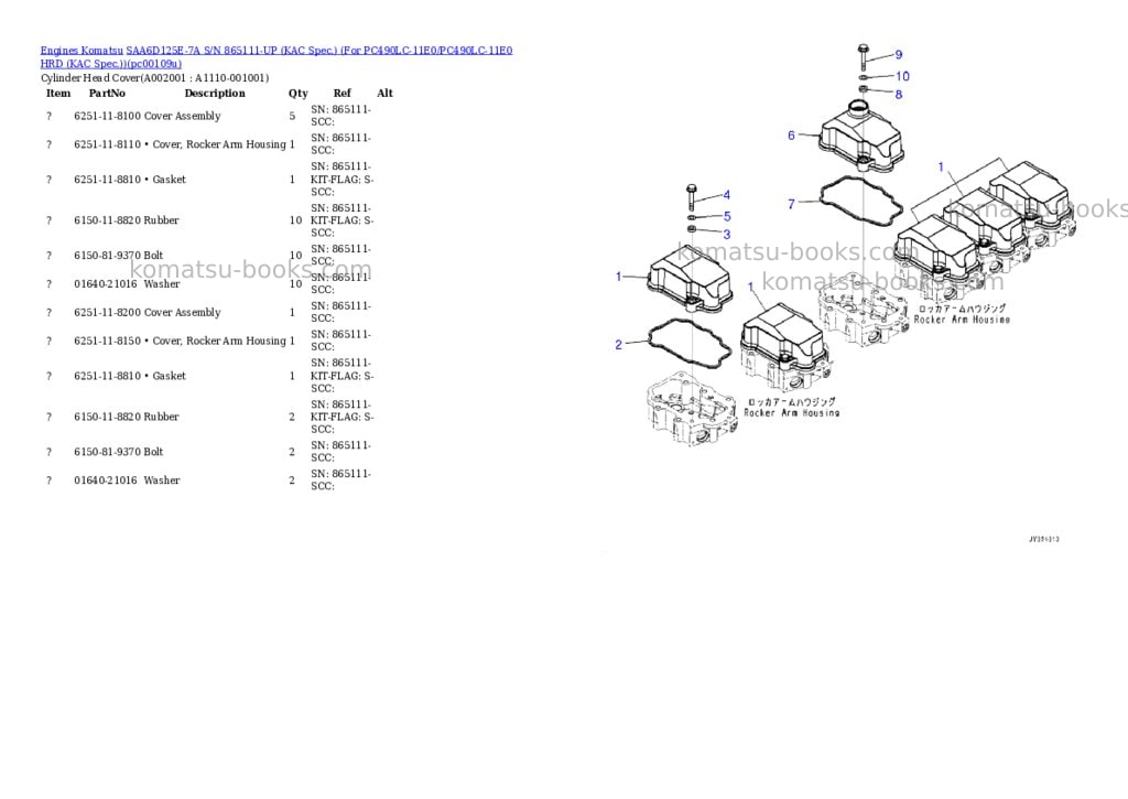 Komatsu SAA6D125E-7A S/N 865111-UP (KAC Spec.) (For PC490LC-11E0/PC490LC-11E0 HRD (KAC Spec.)) Parts catalog cover