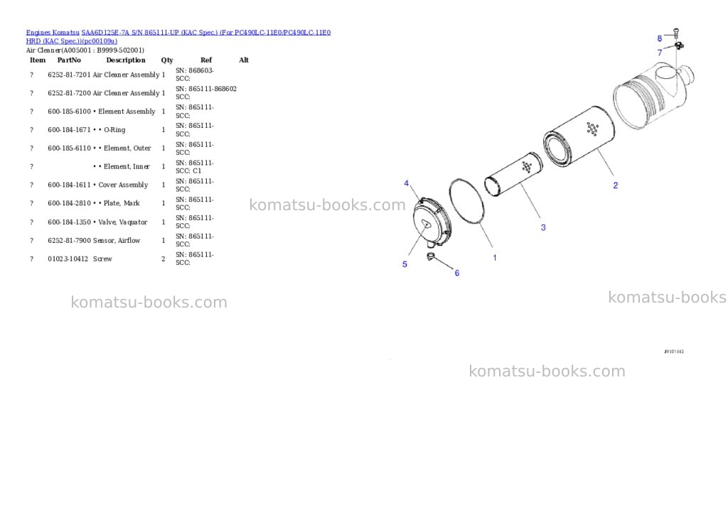 Komatsu SAA6D125E-7A S/N 865111-UP (KAC Spec.) (For PC490LC-11E0/PC490LC-11E0 HRD (KAC Spec.)) Parts catalog cover Page 4