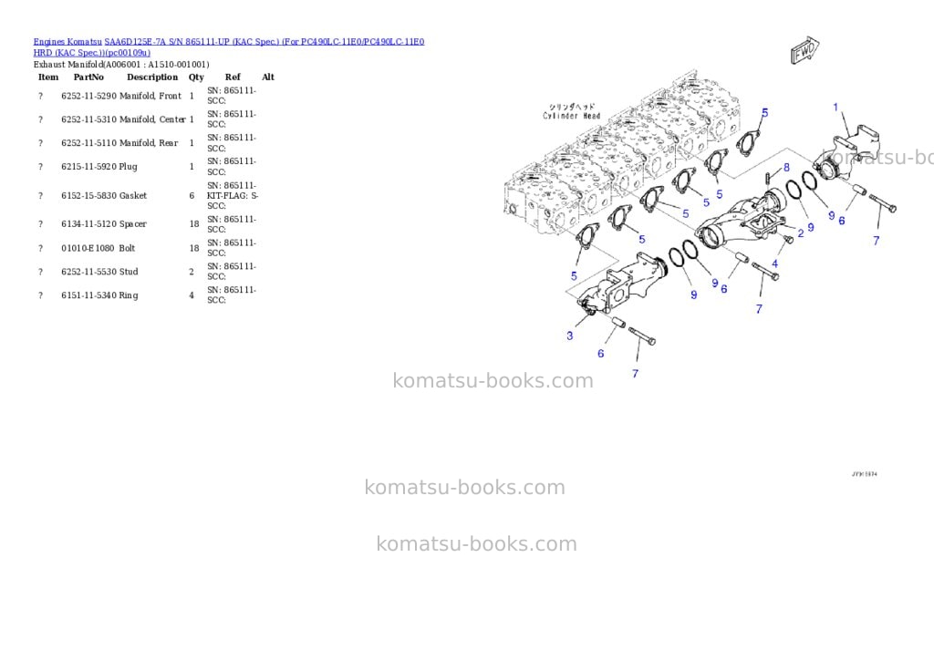 Komatsu SAA6D125E-7A S/N 865111-UP (KAC Spec.) (For PC490LC-11E0/PC490LC-11E0 HRD (KAC Spec.)) Parts catalog cover Page 5