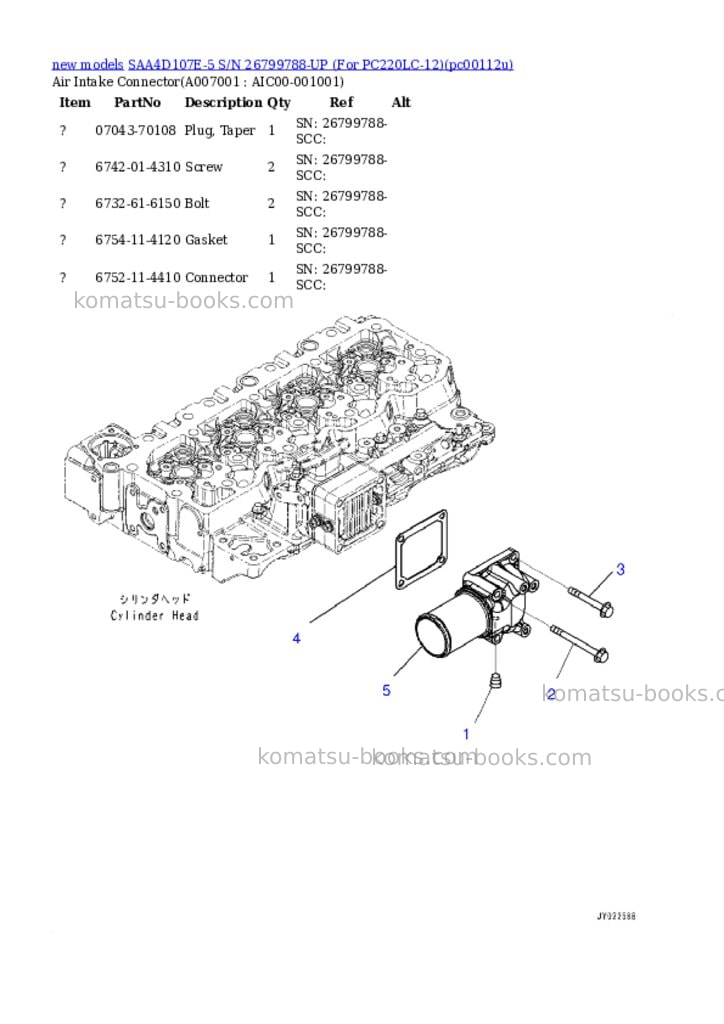 Komatsu SAA4D107E-5 S/N 26799788-UP (For PC220LC-12) Parts catalog cover Page 7