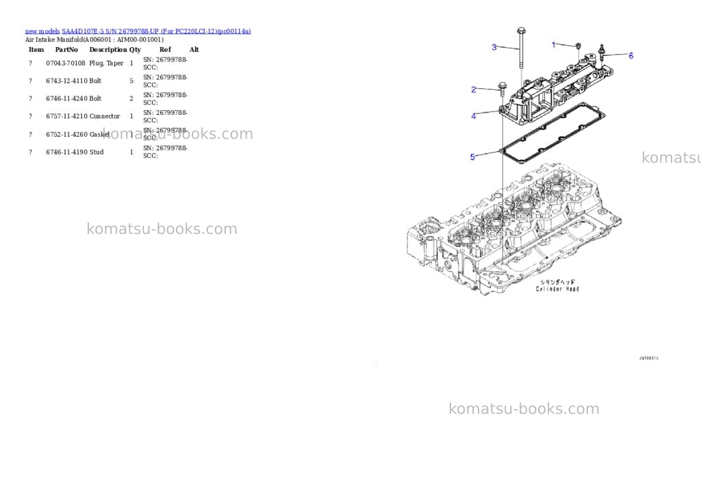 Komatsu SAA4D107E-5 S/N 26799788-UP (For PC220LCI-12) Parts catalog cover Page 6