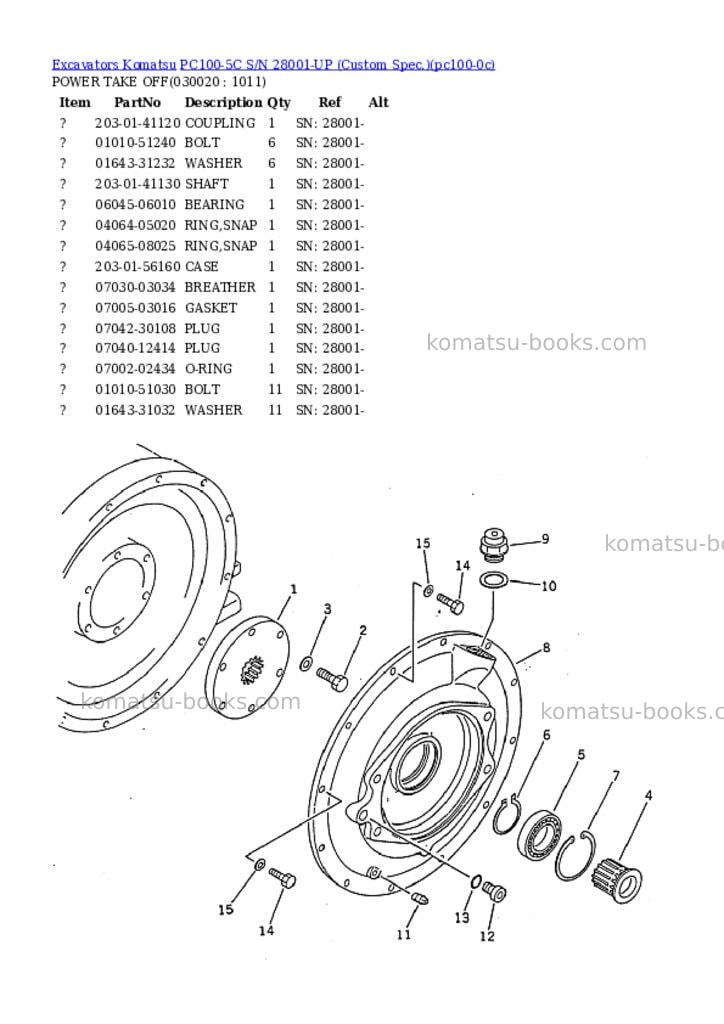 Komatsu pc100-5c s/n 28001-up custom spec. Parts catalog cover Komatsu pc100-5c s/n 28001-up custom spec. Parts catalog cover