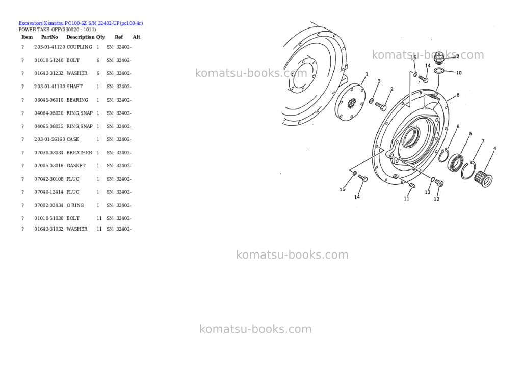 Komatsu pc100-5z s/n 32402-up Parts catalog cover Komatsu pc100-5z s/n 32402-up Parts catalog cover