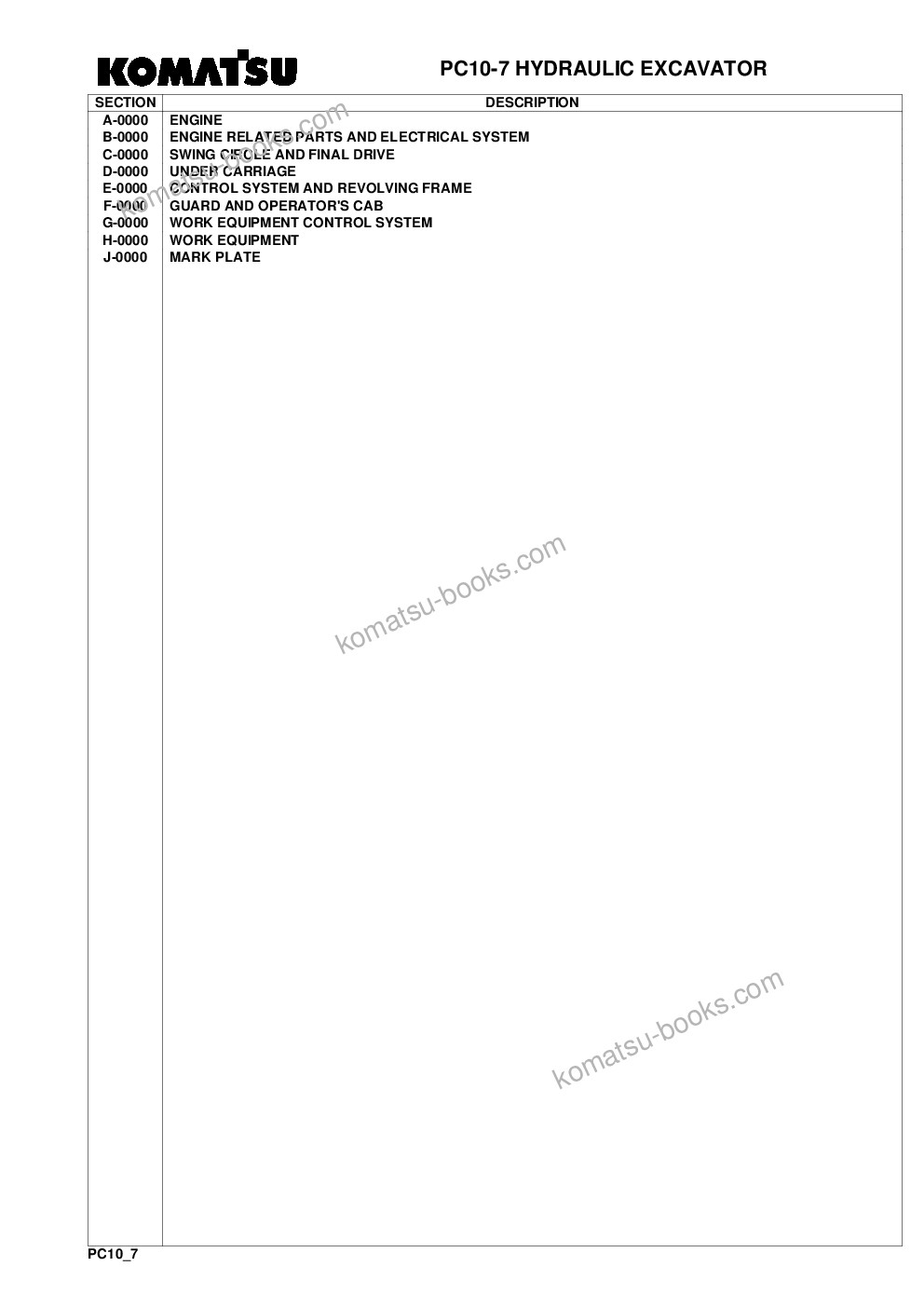 Komatsu pc10-7 s/n f25001-up Parts catalog cover