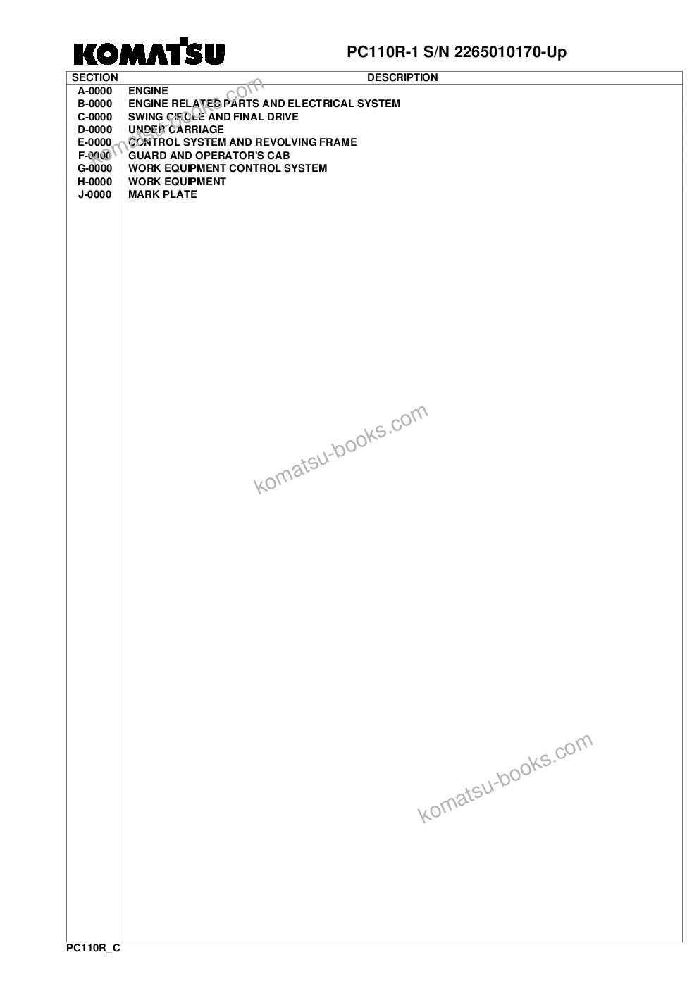 Komatsu pc110r-1 s/n 2265010170-up Parts catalog cover Komatsu pc110r-1 s/n 2265010170-up Parts catalog cover