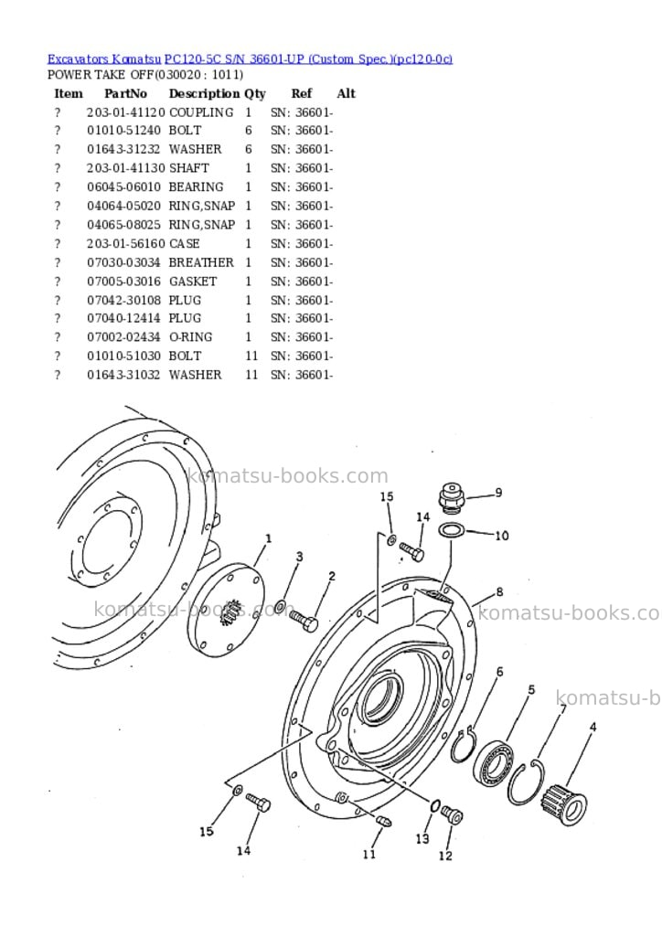 Komatsu pc120-5c s/n 36601-up custom spec. Parts catalog cover Komatsu pc120-5c s/n 36601-up custom spec. Parts catalog cover