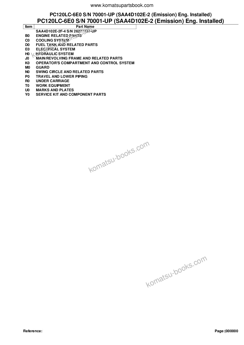 Komatsu pc120lc-6e0 s/n 70001-up saa4d102e-2 emission eng. installed Parts catalog cover Komatsu pc120lc-6e0 s/n 70001-up saa4d102e-2 emission eng. installed Parts catalog cover