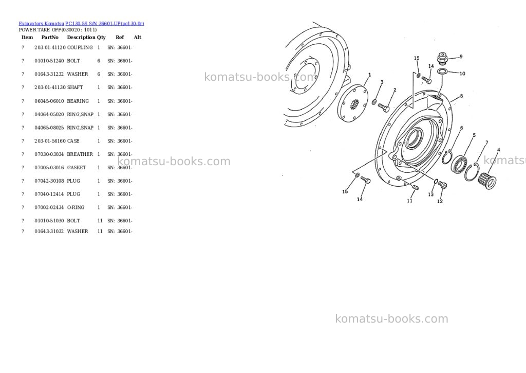 Komatsu pc130-5s s/n 36601-up Parts catalog cover