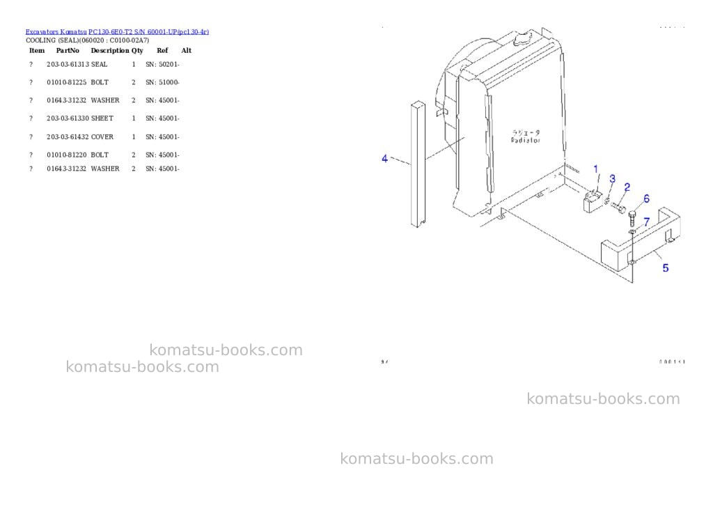 Komatsu pc130-6e0-t2 s/n 60001-up Parts catalog cover Page 5