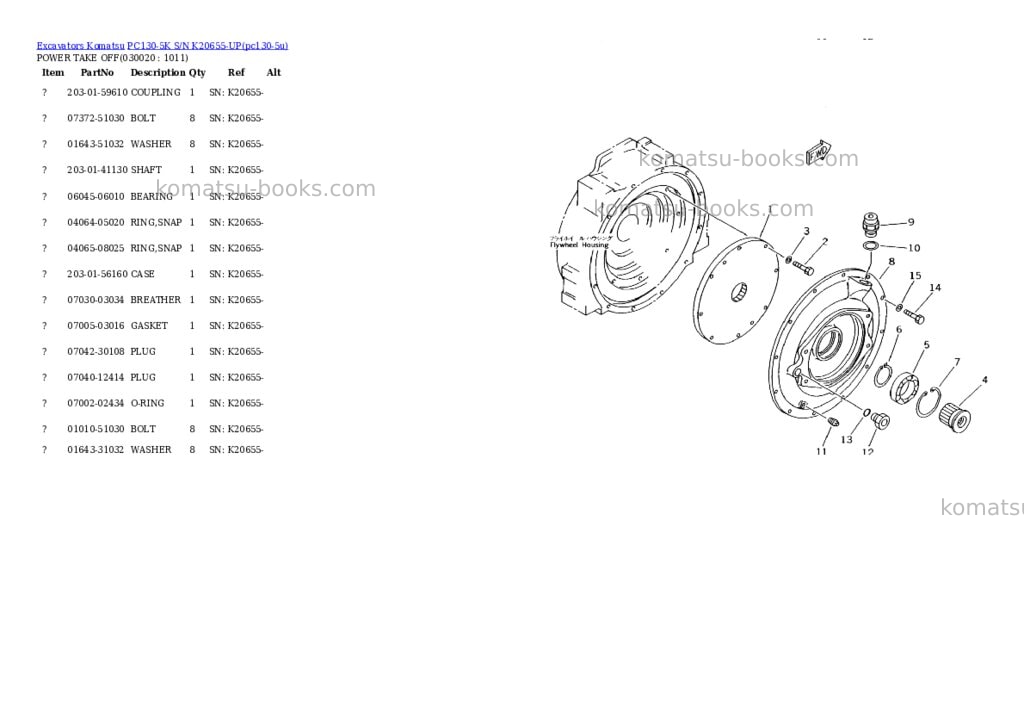 Komatsu pc130-5k s/n k20655-up Parts catalog cover