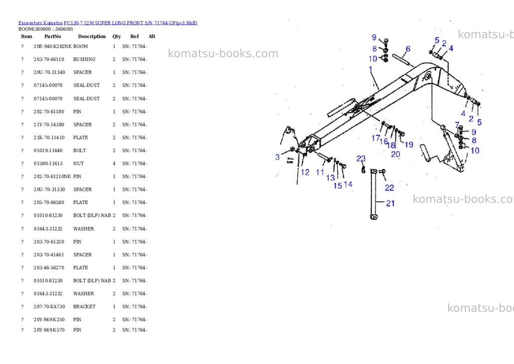 Komatsu pc130-7 12m super long front s/n 71764-up Parts catalog cover