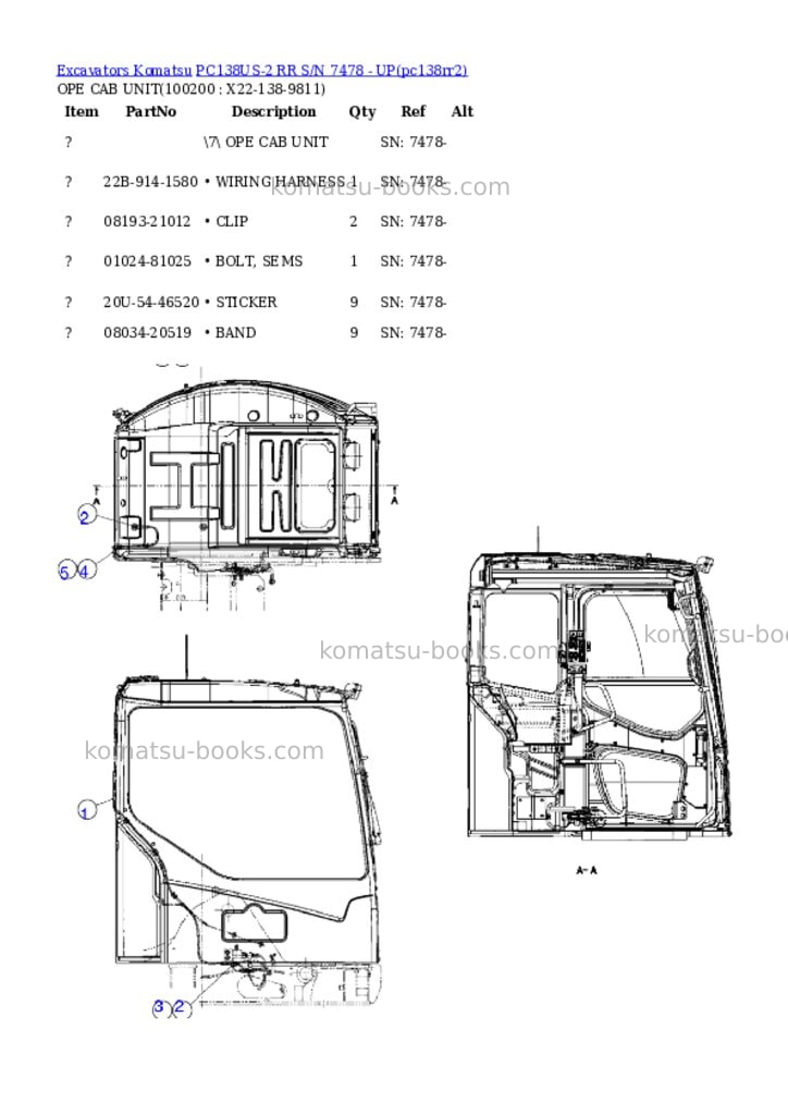 Komatsu pc138us-2 rr s/n 7478 - up Parts catalog cover