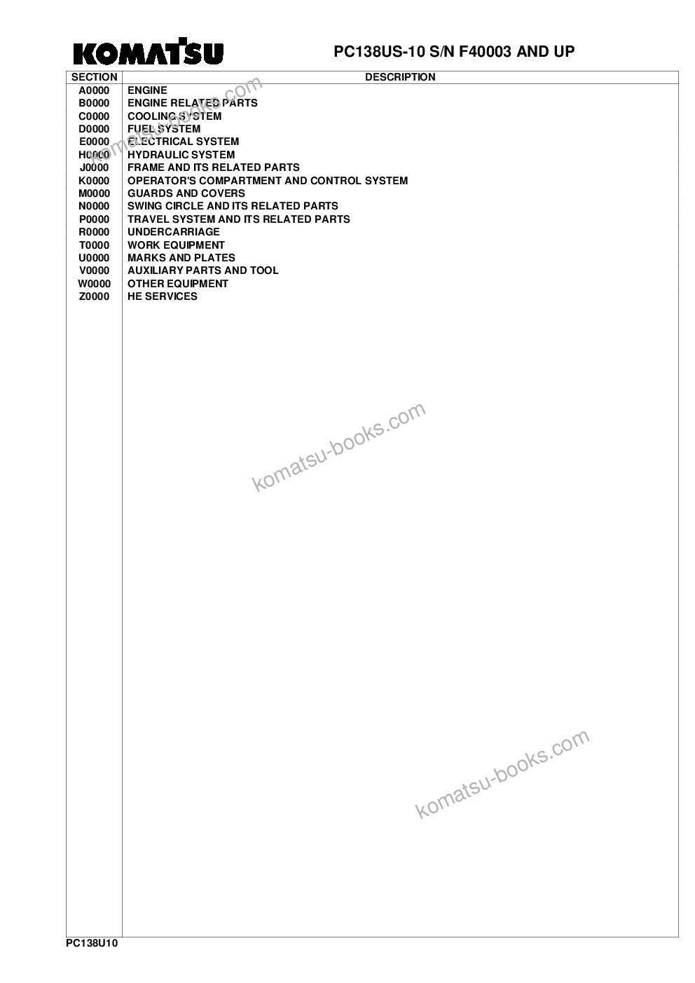 Komatsu pc138us-10 s/n f40003 and up Parts catalog cover