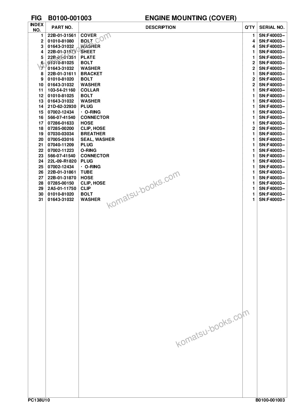 Komatsu pc138us-10 s/n f40003 and up Parts catalog cover Page 10