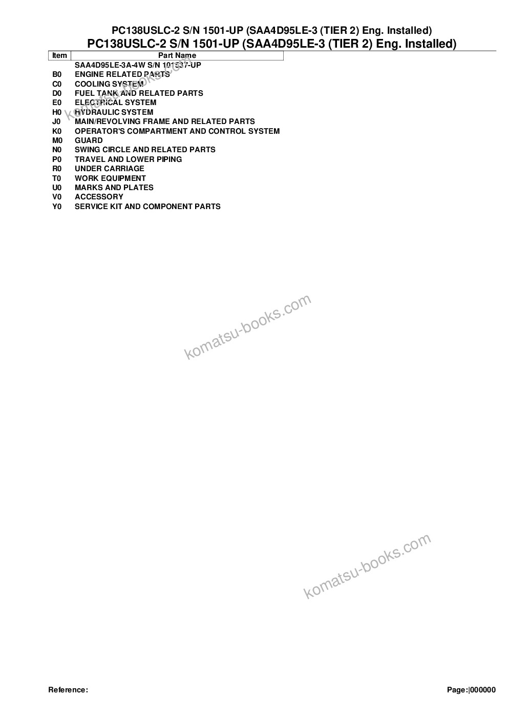 Komatsu pc138uslc-2 s/n 1501-up saa4d95le-3 tier 2 eng. installed Parts catalog cover