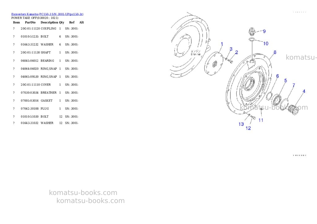 Komatsu pc150-3 s/n 3001-up Parts catalog cover