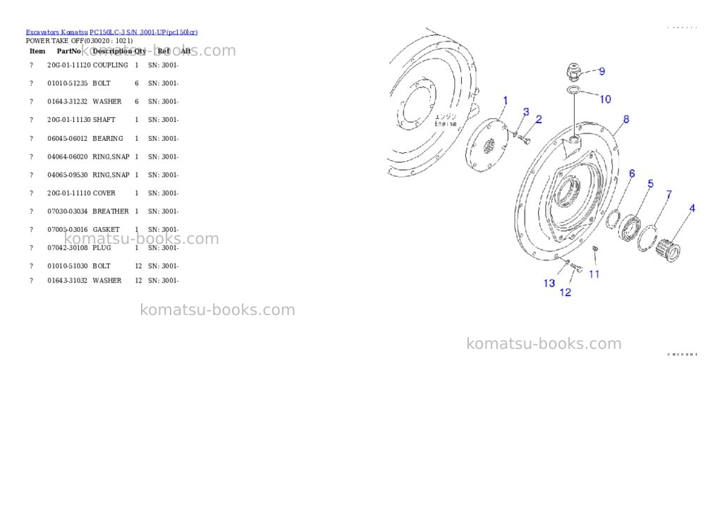 Komatsu PC150LC-3 S/N 3001-UP Parts catalog cover