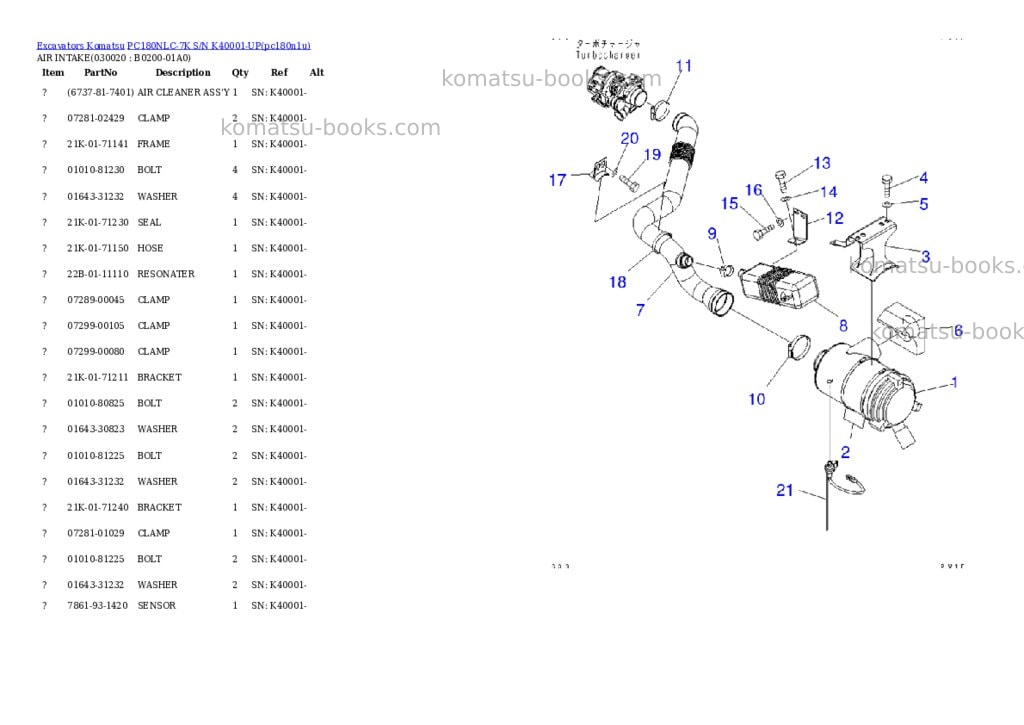 Komatsu pc180nlc-7k s/n k40001-up Parts catalog cover Komatsu pc180nlc-7k s/n k40001-up Parts catalog cover