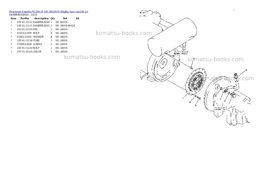 Komatsu pc200-5t s/n 58019-up mighty spec. Parts catalog cover Komatsu pc200-5t s/n 58019-up mighty spec. Parts catalog cover